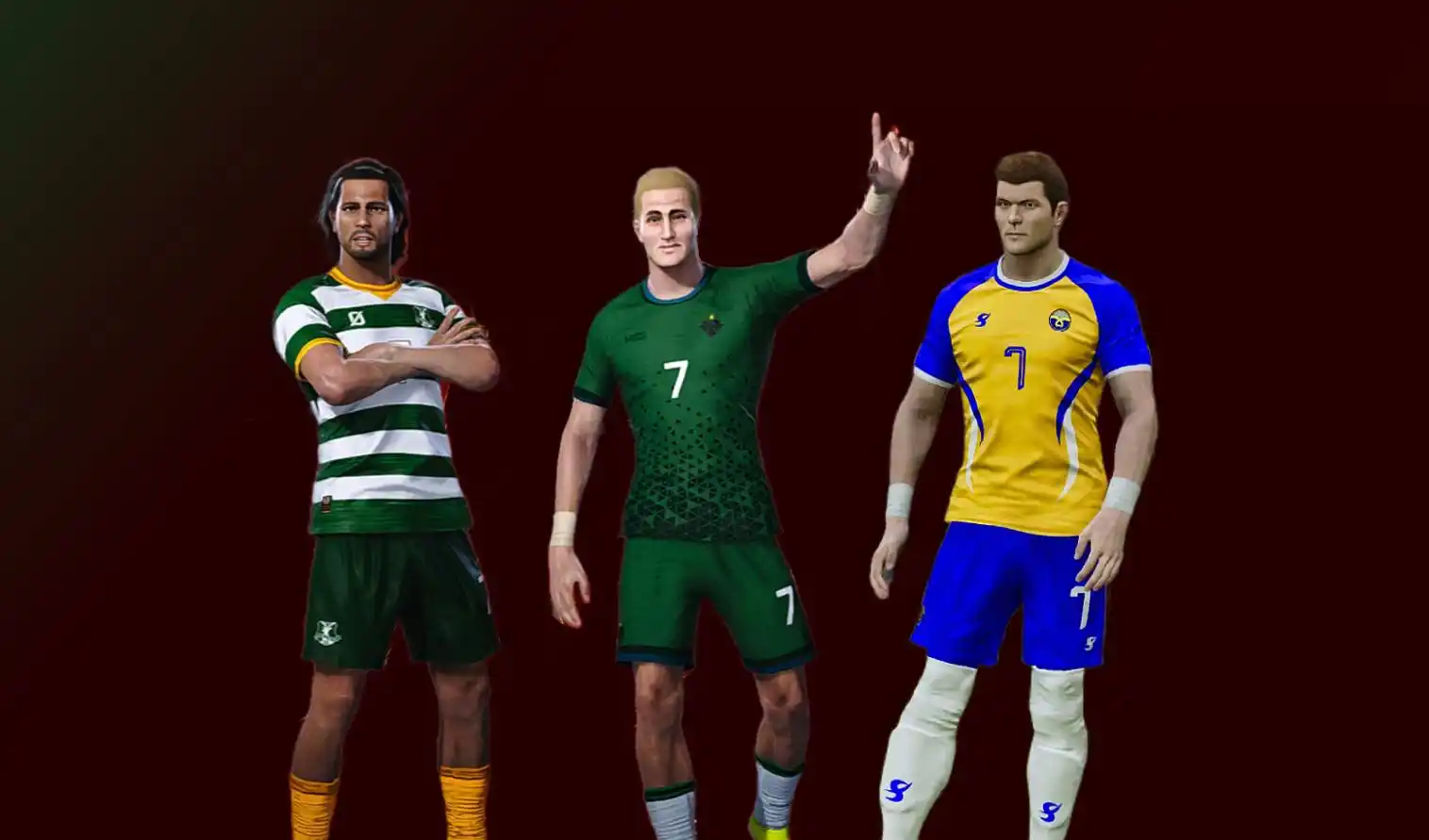 Three players wearing kits supplied by Sbotjunj, VGala and Oberalon